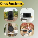 Usos múltiples de funda impermeable negra: cubriendo morral bajo lluvia, monitor, ventilador y canasta de bicicleta.