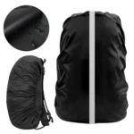 Funda impermeable negra para morral, con detalle de tela repelente al agua y dos vistas de cobertura.