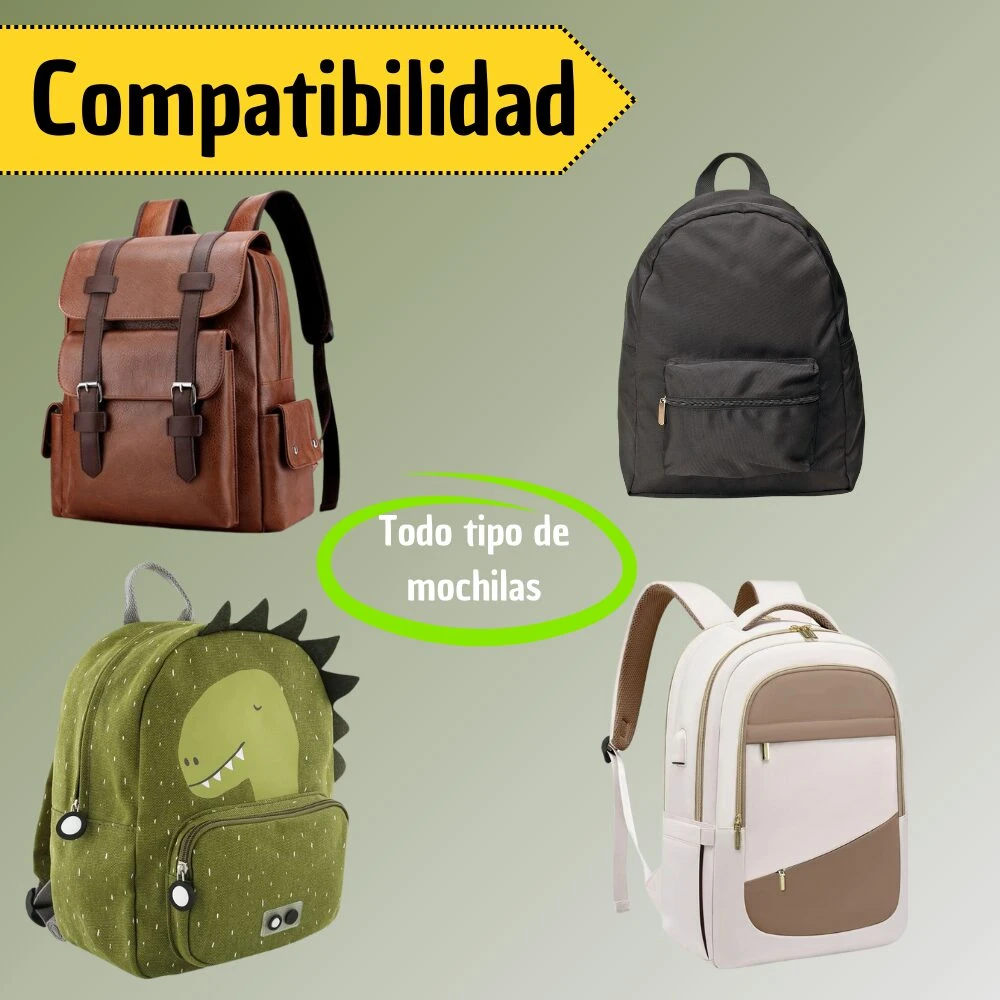 Compatibilidad del forro impermeable con mochilas marrón cuero, negra casual, verde infantil dinosaurio y blanca beige ejecutiva.