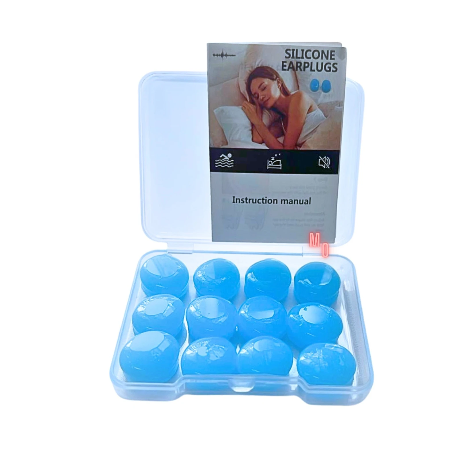 Tapa oídos de silicona azul, 12 unidades, en estuche con manual.