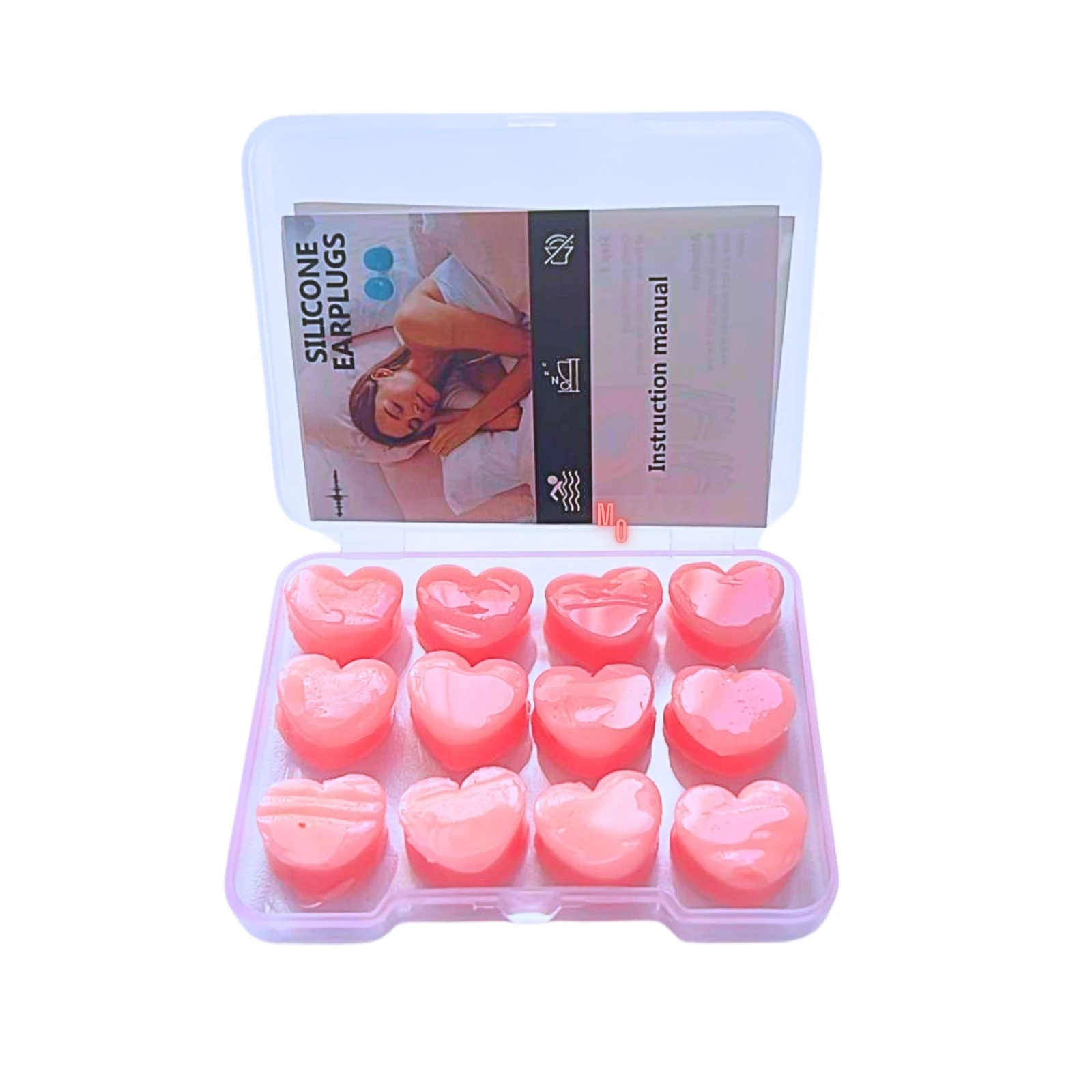Tapa oídos de silicona rosa, moldeables, forma de corazón, 12 unidades, en estuche.