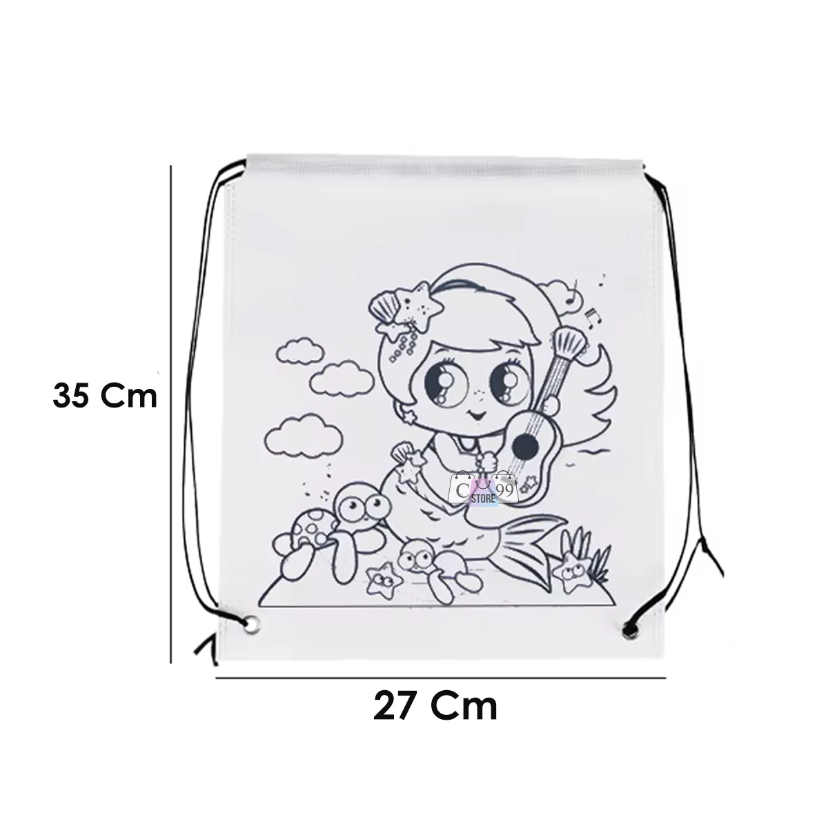 Mochila de tela blanca para colorear con diseño de sirena y tortugas marinas, 35x27 cm.