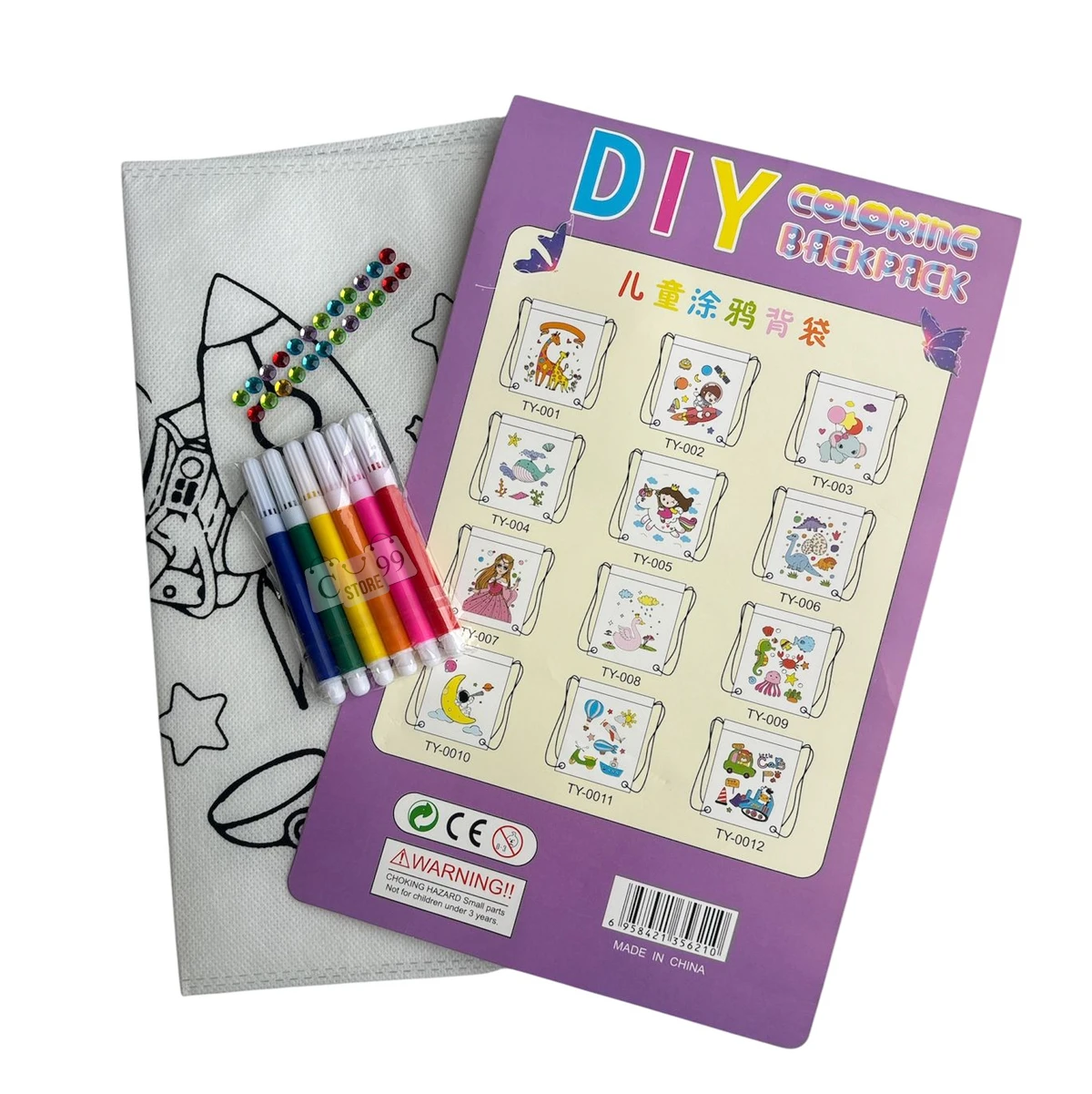 Mochila mágica para colorear con marcadores, gemas y diseño de cohete. Kit DIY infantil.