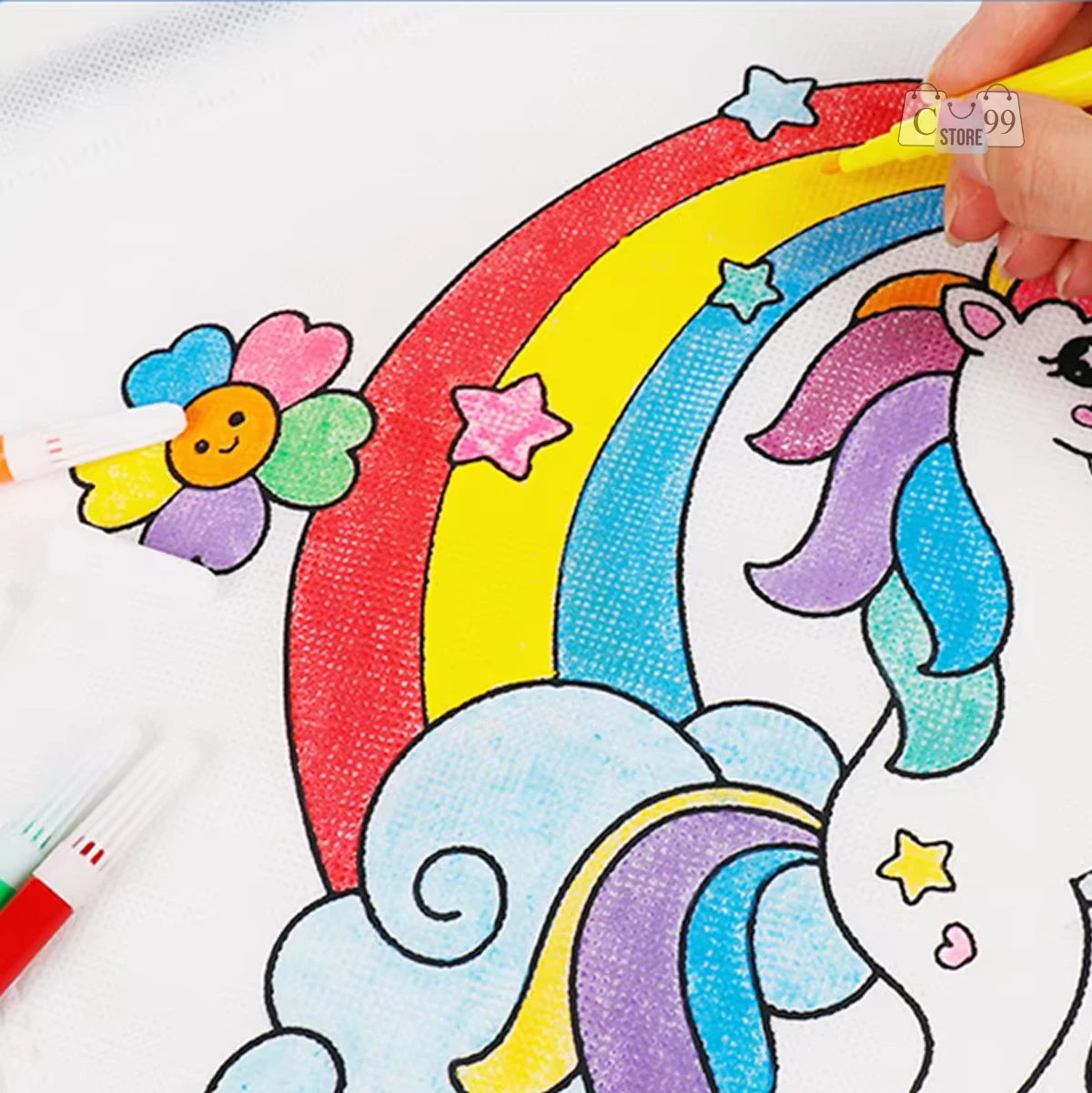 Mochila para colorear con unicornio, arcoíris y flor, incluye marcadores.