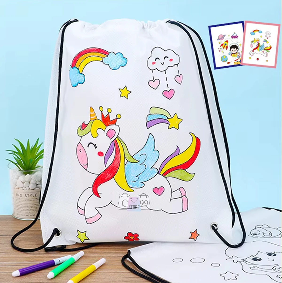 Mochila blanca para colorear con diseño de unicornio, arcoíris y nube, incluye tres marcadores de colores.