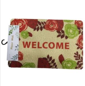 Tapete "Welcome" con flores rojas y verdes, de textura granular, ideal para entradas.