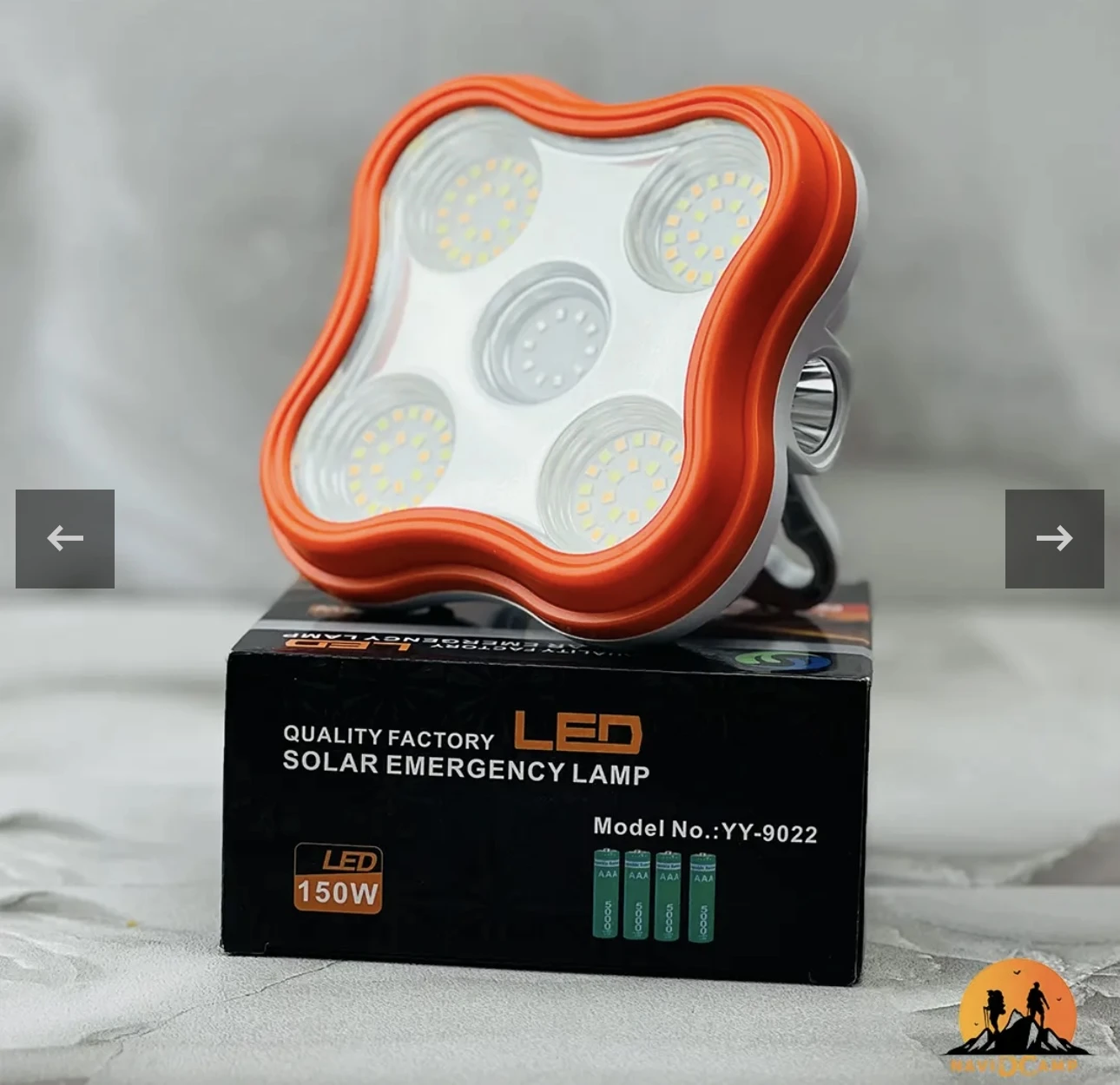 Lámpara solar LED 150W naranja, diseño a prueba de agua, ideal para emergencias.