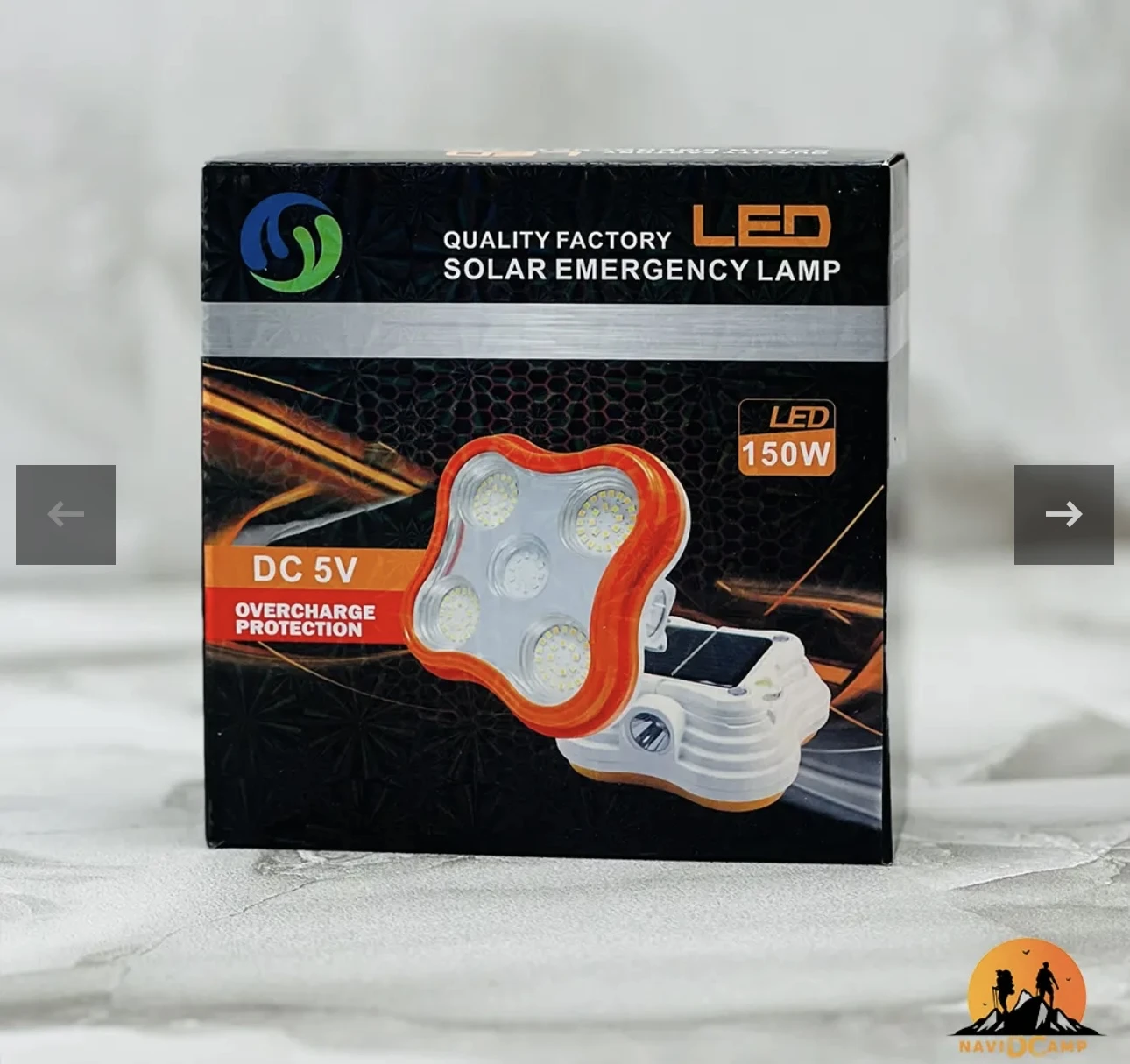 Caja de lámpara solar LED 150W de emergencia con protección contra sobrecarga, diseño naranja y blanco.
