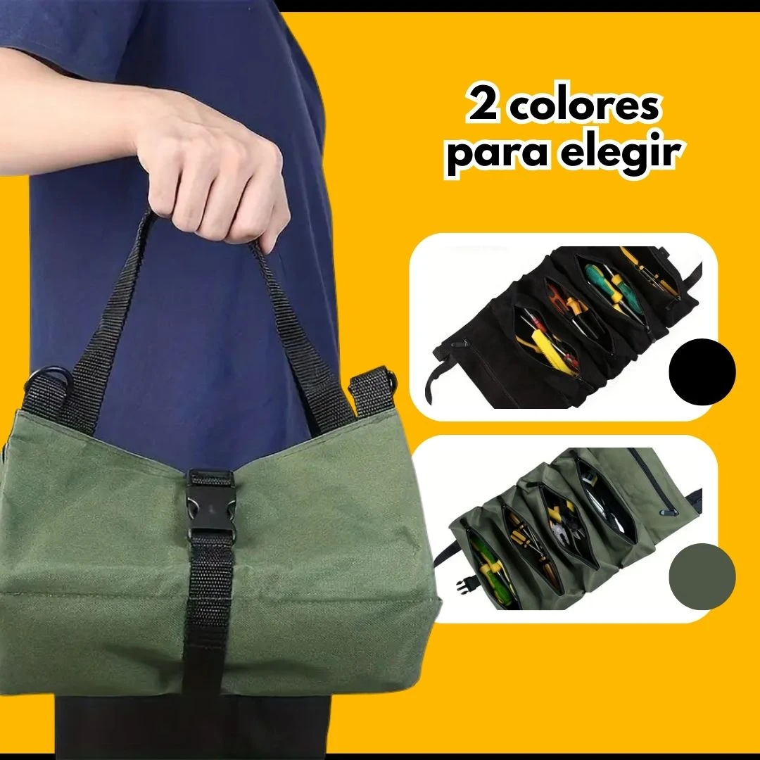 Bolsa enrollable impermeable multiuso de lona verde, con interior de compartimentos para organizar objetos.