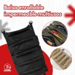 Bolsa enrollable impermeable de tela negra para herramientas, con varios compartimentos con cremallera.