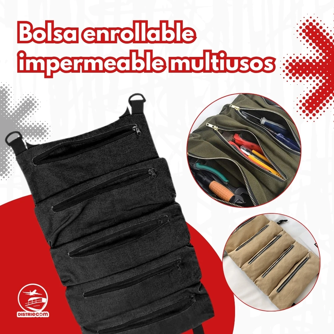 Bolsa enrollable impermeable de tela negra para herramientas, con varios compartimentos con cremallera.