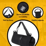 Bolsa enrollable negra multiuso con hebilla colgante y diseño fácil de llevar, ideal para organización y transporte.