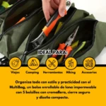Bolsa enrollable de lona verde para herramientas, viajes y camping, con 5 compartimentos.