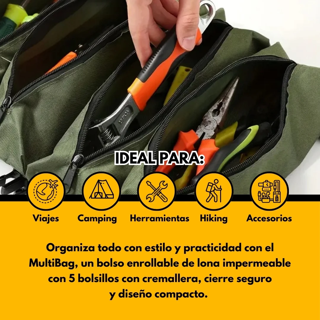 Bolsa enrollable de lona verde para herramientas, viajes y camping, con 5 compartimentos.