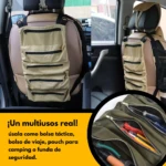 Bolsa multiusos de lona caqui enrollable para asiento de coche, con múltiples compartimentos con cremallera.