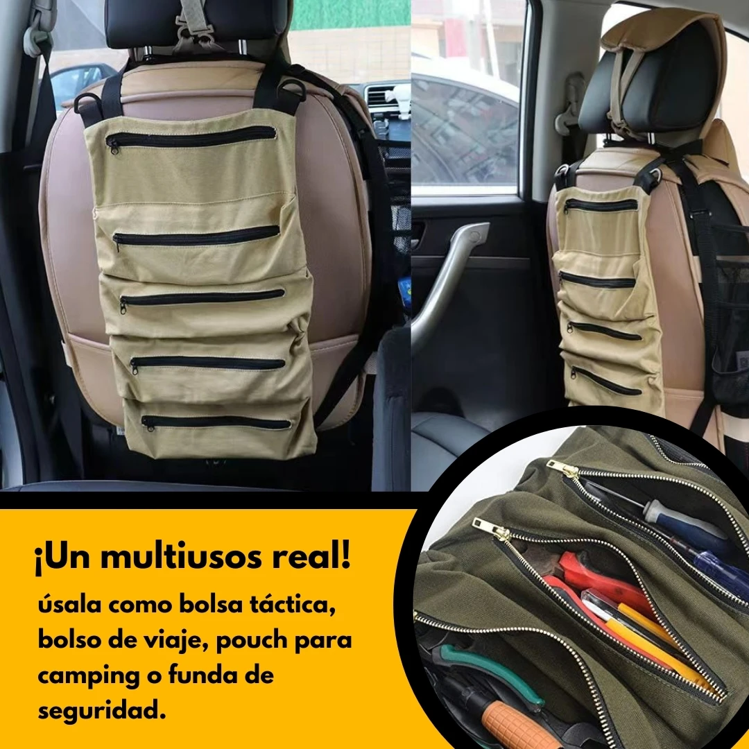 Bolsa multiusos de lona caqui enrollable para asiento de coche, con múltiples compartimentos con cremallera.