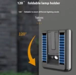 Lámpara solar de pared gris, plegable 120°, con paneles azules y sensor, para exteriores.