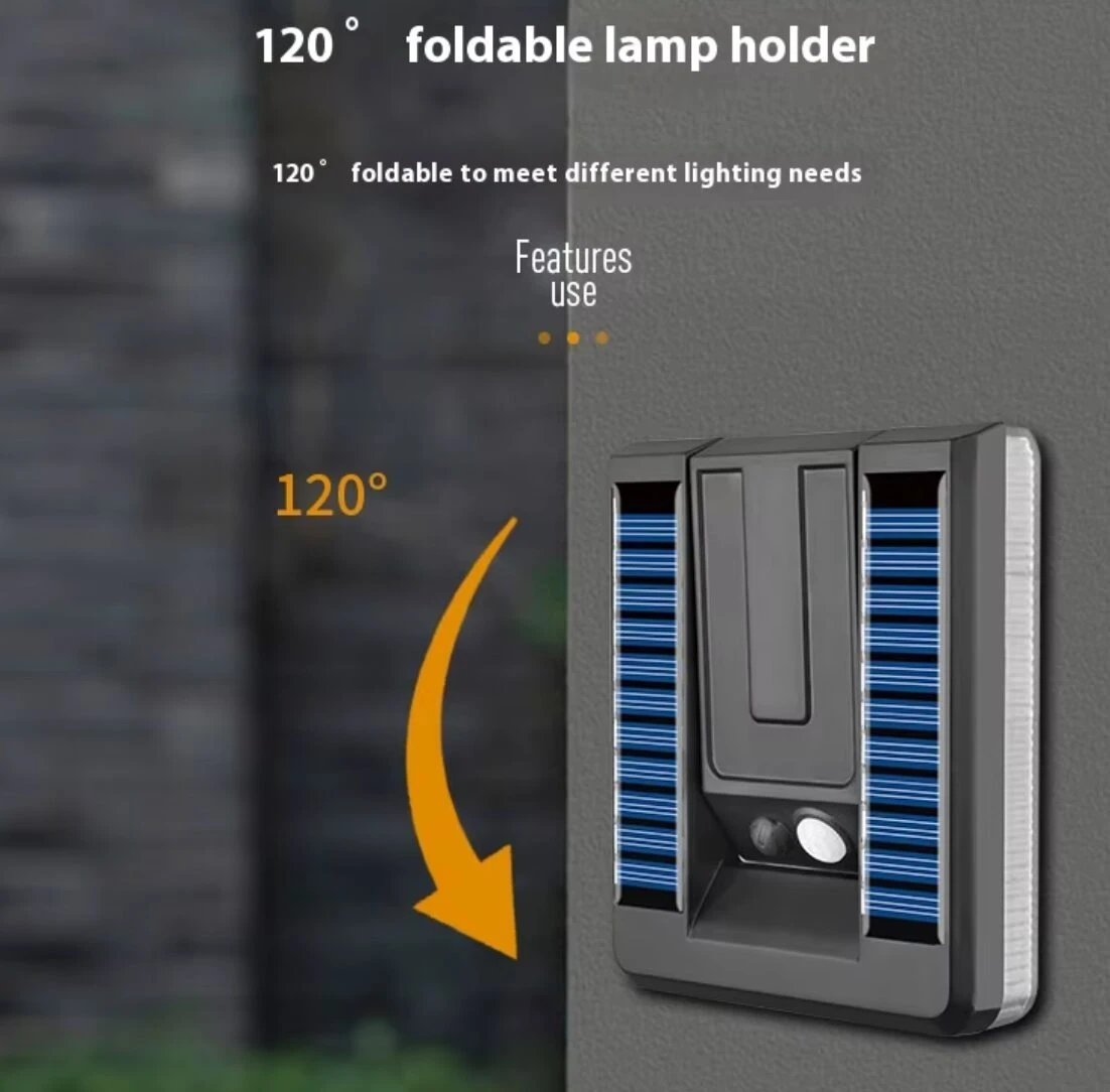 Lámpara solar de pared gris, plegable 120°, con paneles azules y sensor, para exteriores.