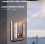 Lámpara solar de pared gris con paneles de carga rápida, ideal para exteriores.