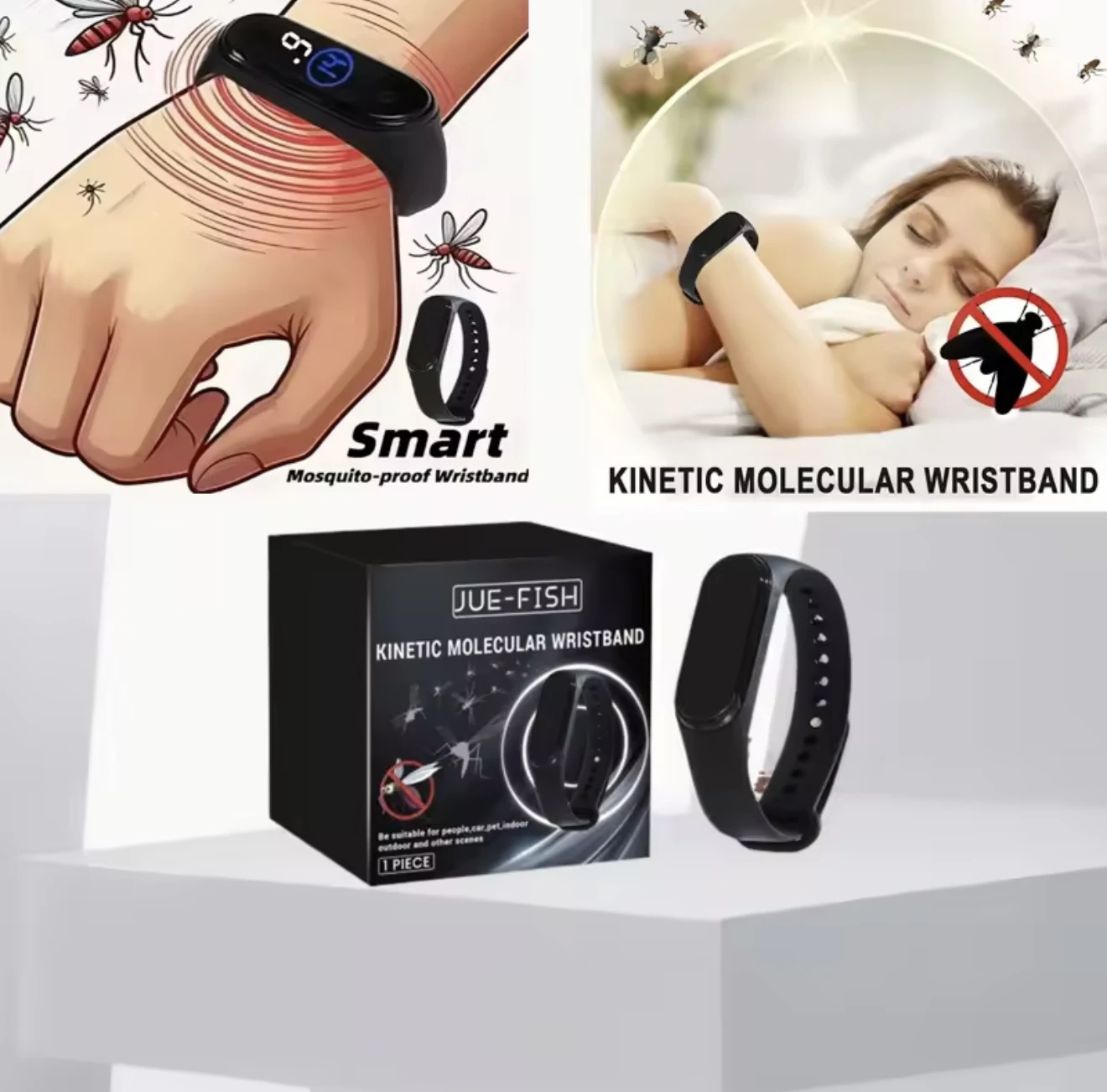 Pulsera inteligente negra repelente de mosquitos, diseño minimalista, para uso personal y de mascotas en interiores y exteriores.