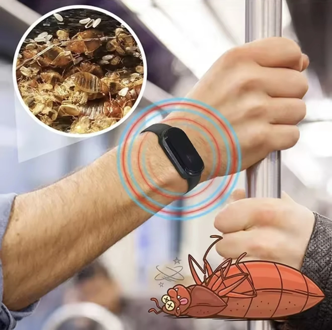 Pulsera electrónica negra en muñeca, emite ondas para repeler insectos, con de chinches y cucaracha.