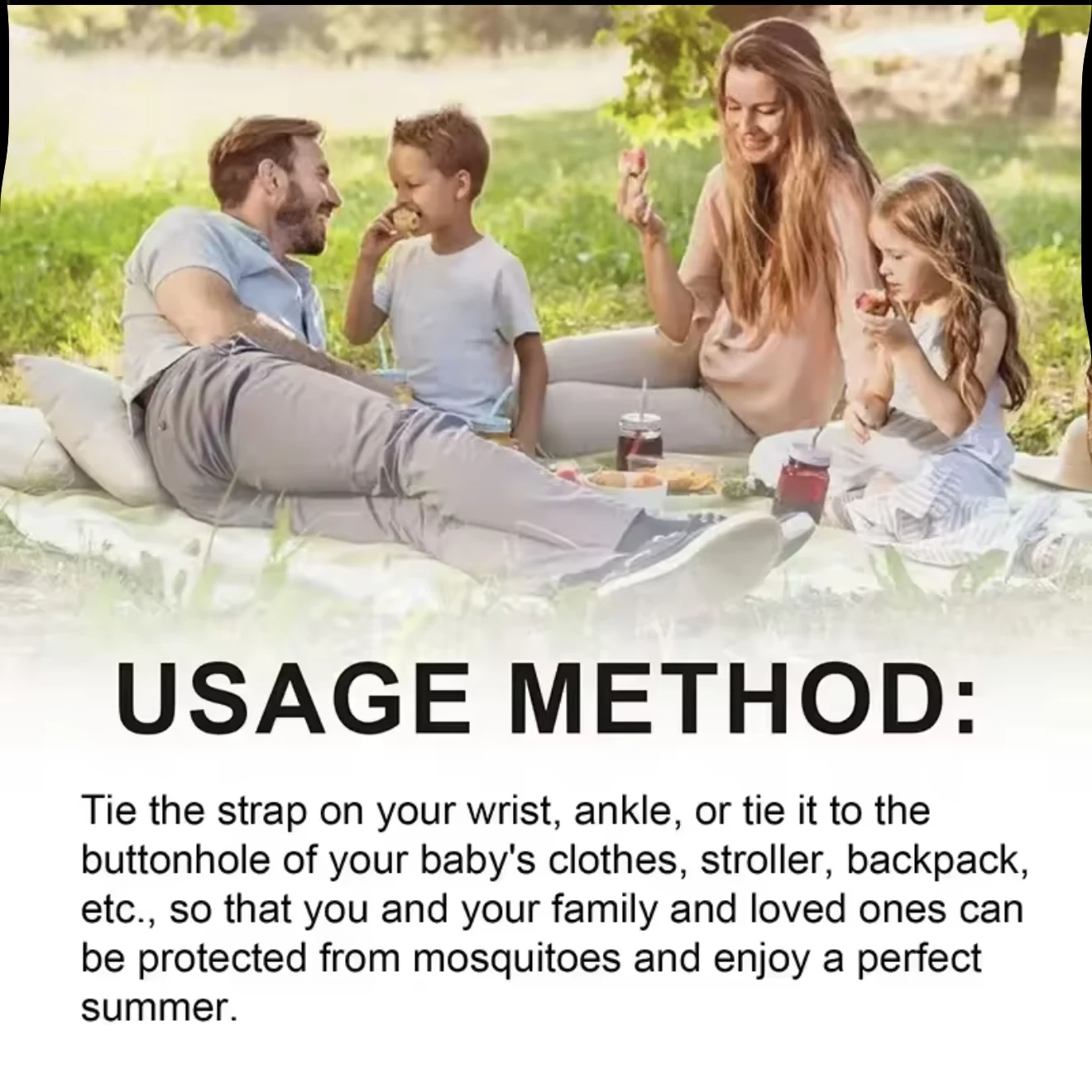 Familia en picnic con pulsera repelente de mosquitos en uso, mostrando su versatilidad y protección familiar.