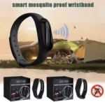 Pulsera negra antirrepelente de mosquitos con diseño moderno, ideal para exteriores.
