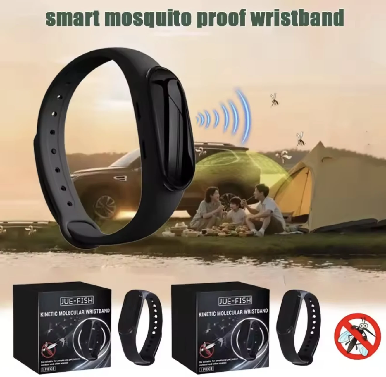 Pulsera negra antirrepelente de mosquitos con diseño moderno, ideal para exteriores.