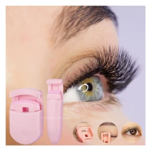 Encrespador de pestañas rosado junto a ojo con pestañas largas, con vistas de uso.