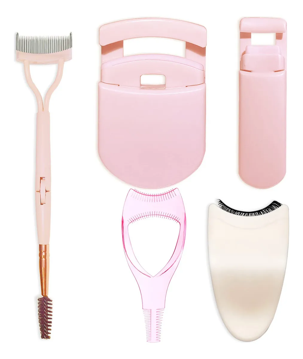 Encrespador de pestañas rosa con peine y aplicador de máscara para un maquillaje de ojos perfecto.
