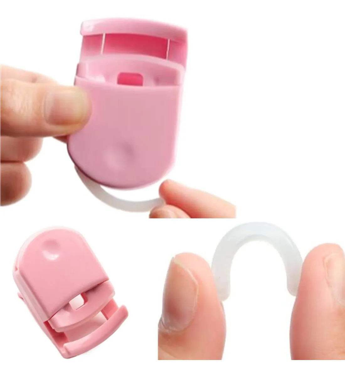 Encrespador de pestañas rosa con detalle de goma blanca, mostrado en uso y desarmado.
