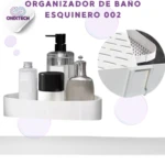 Organizador de baño esquinero flotante blanco con dispensador y frascos. Detalle de montaje.