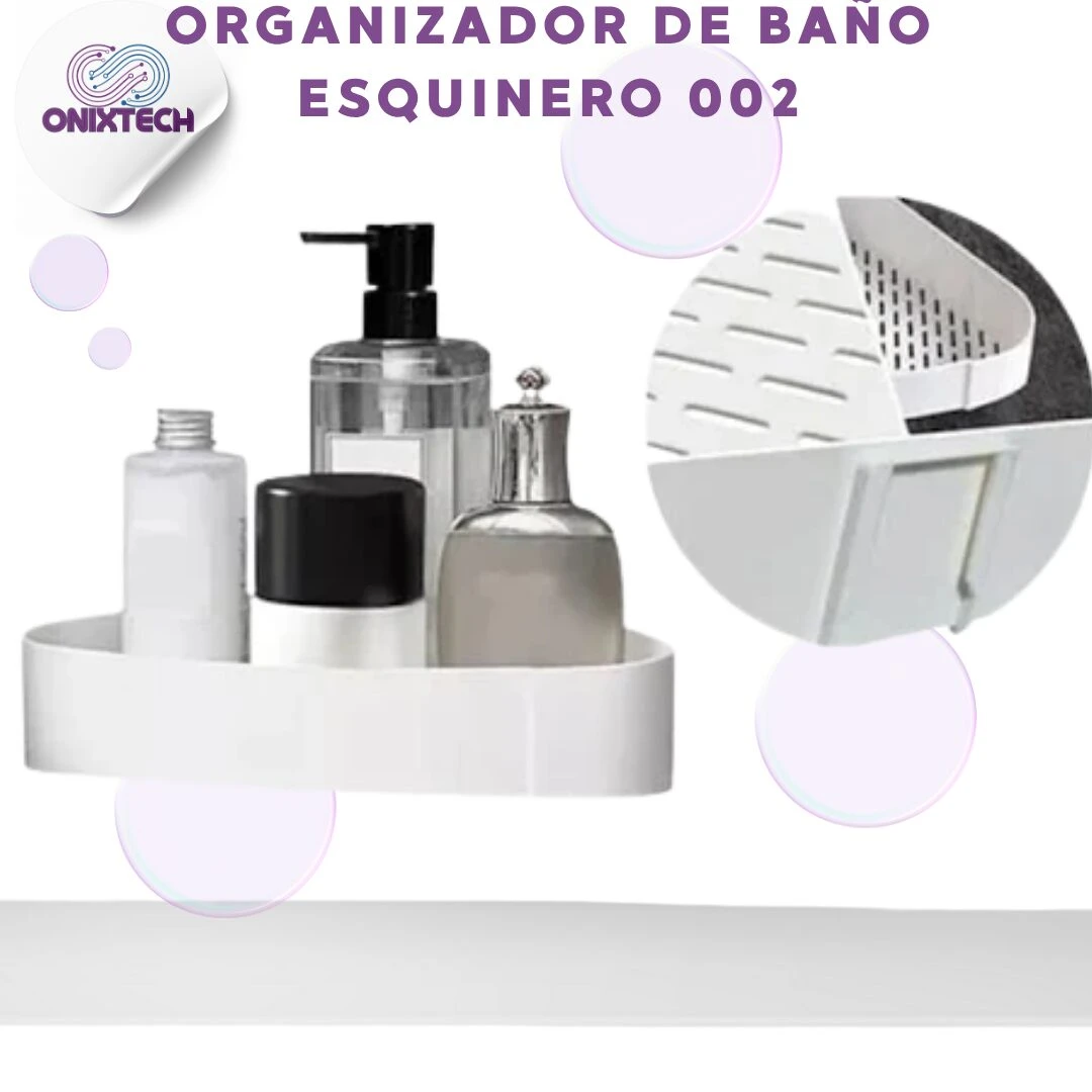 Organizador de baño esquinero flotante blanco con dispensador y frascos. Detalle de montaje.