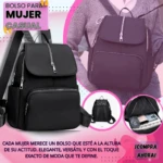 Mochila negra casual para mujer, estilo urbano, mostrando diseño frontal, parte trasera y compartimento interior con celular y paraguas.