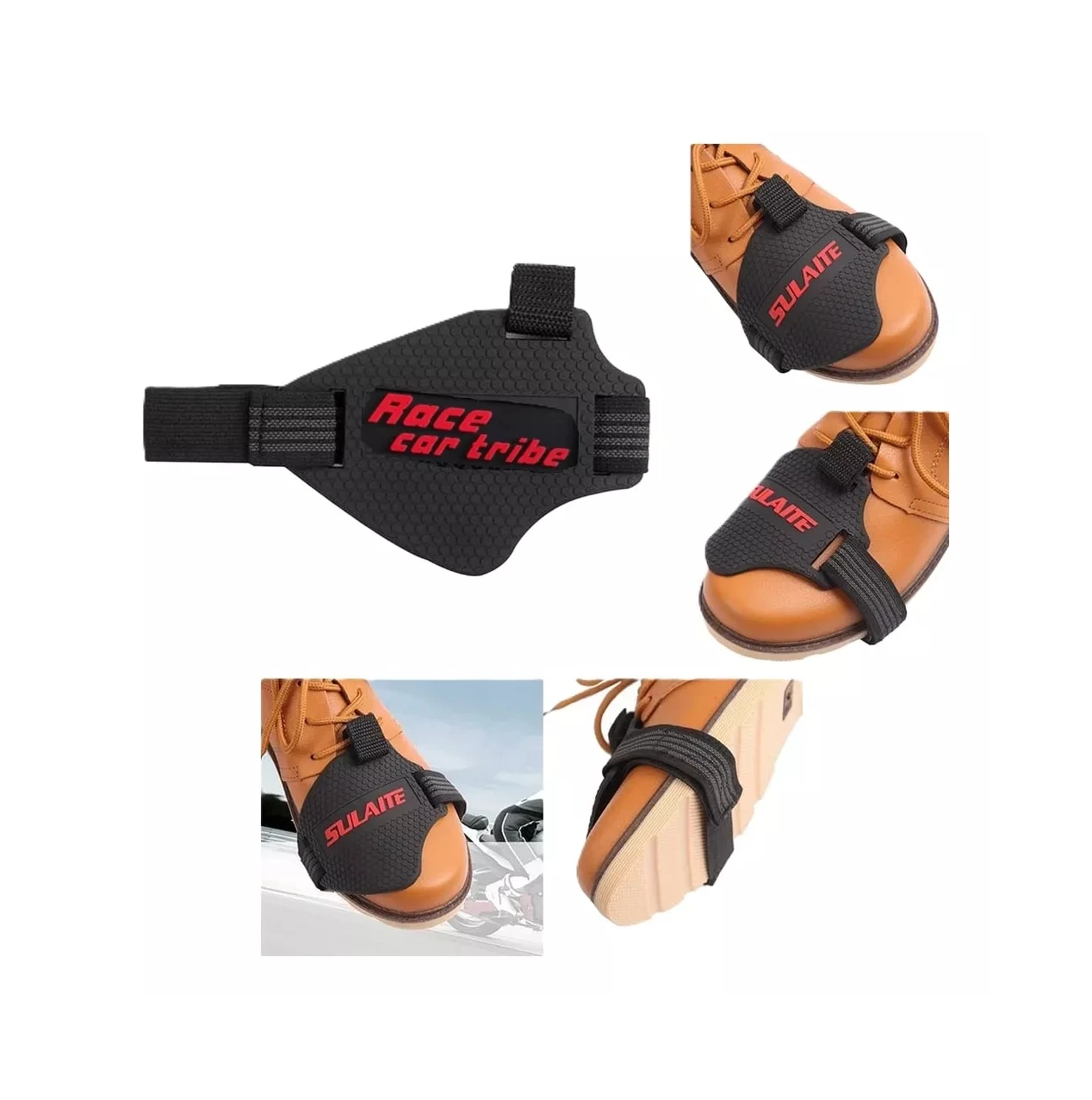 Protector de zapato para cambios de moto, negro con rojo, se ajusta al empeine y se abrocha.