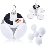 Bombilla LED solar expandible blanca con ganchos y paneles solares, ideal para acampada.