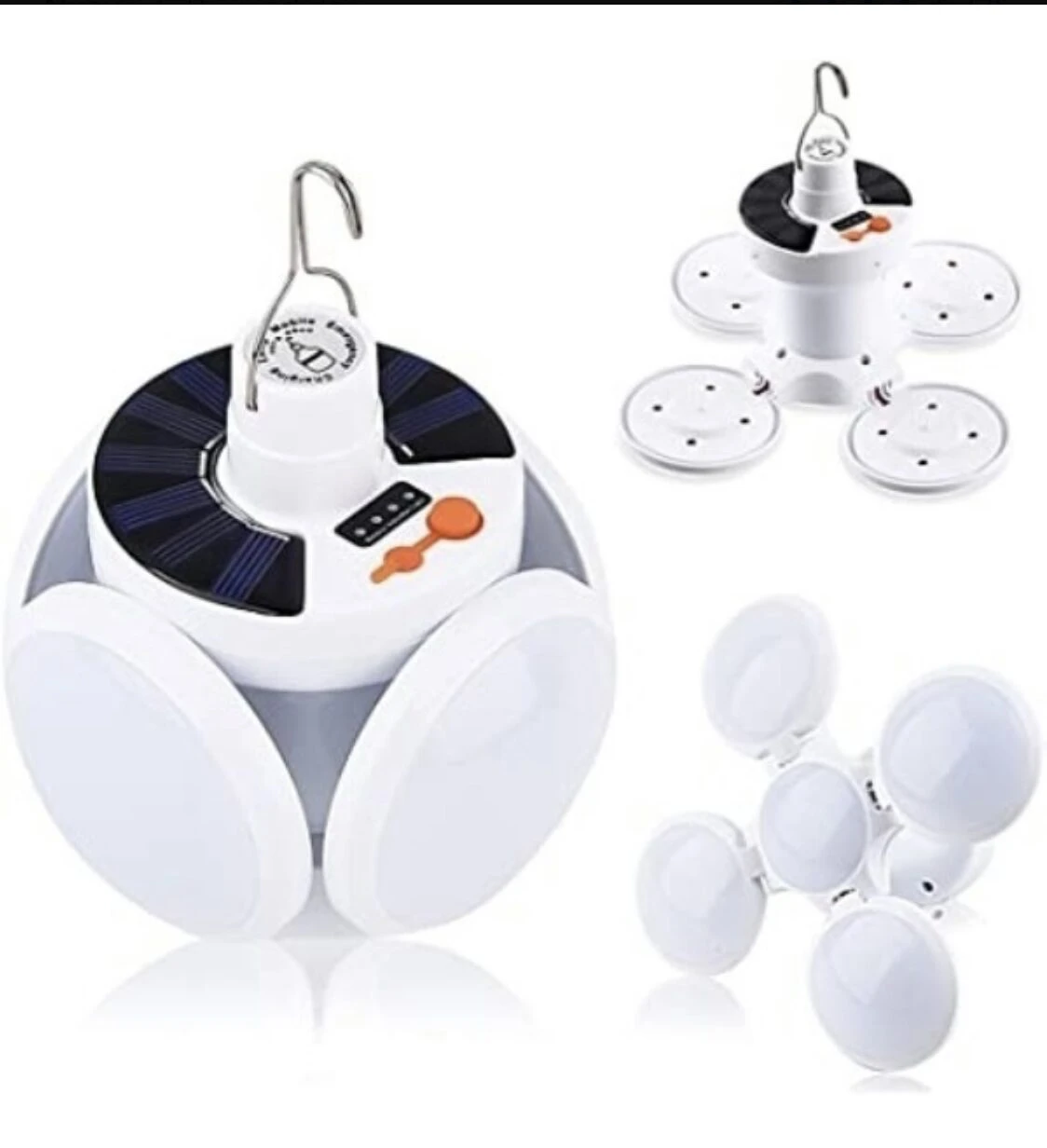 Bombilla LED solar expandible blanca con ganchos y paneles solares, ideal para acampada.