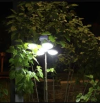 Lámpara solar expandible con 5 focos LED brillantes rodeada de hojas verdes en la noche.