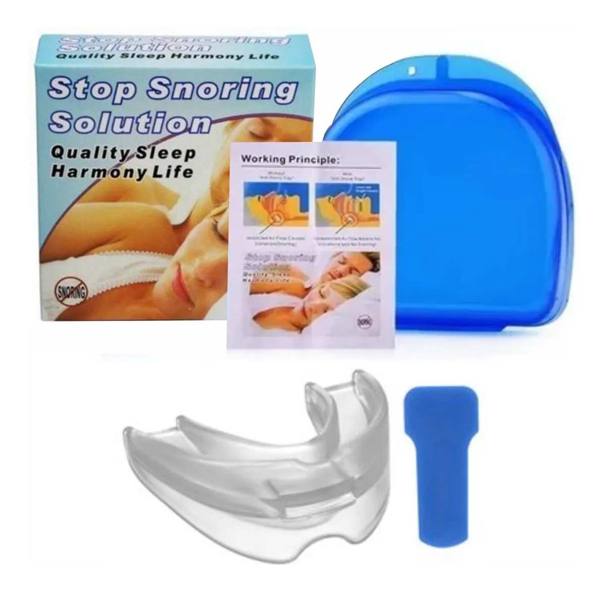 Protector dental antironquido transparente con estuche azul, manual y boquilla.