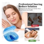 Protector dental antironquidos transparente en estuche azul, junto a pareja durmiendo plácidamente y pareja roncando.