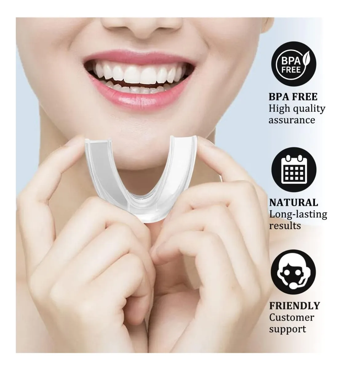 Protector dental antironquido transparente, BPA free, con íconos de calidad y soporte.