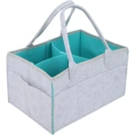 Cesta organizadora de pañales portátil gris de fieltro, interior turquesa, con compartimentos y bolsillos exteriores.