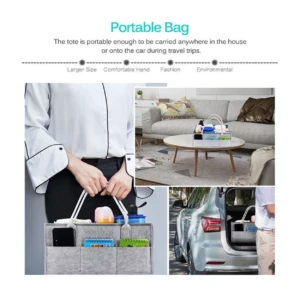 Organizador de pañales portátil de fieltro gris con múltiples compartimentos, ideal para casa o auto.
