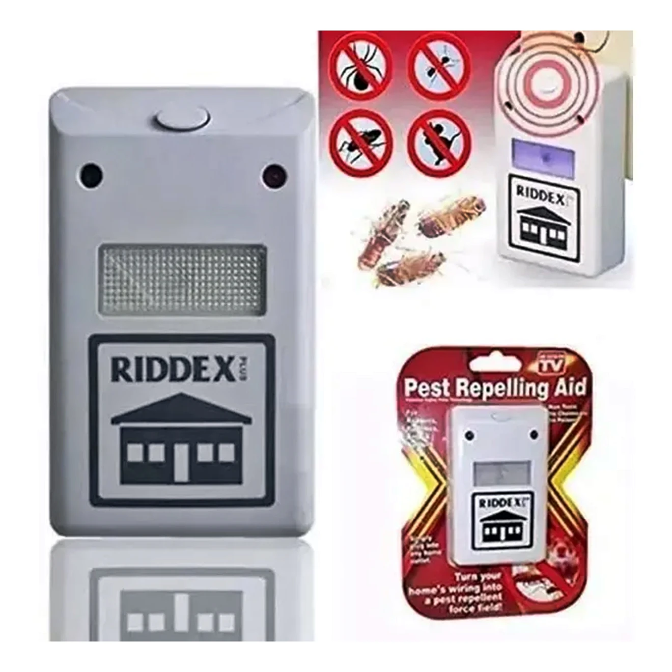 Repelente electrónico Riddex Plus para plagas, muestra el dispositivo gris junto a su empaque en blister rojo que indica "Pest Repelling Aid".