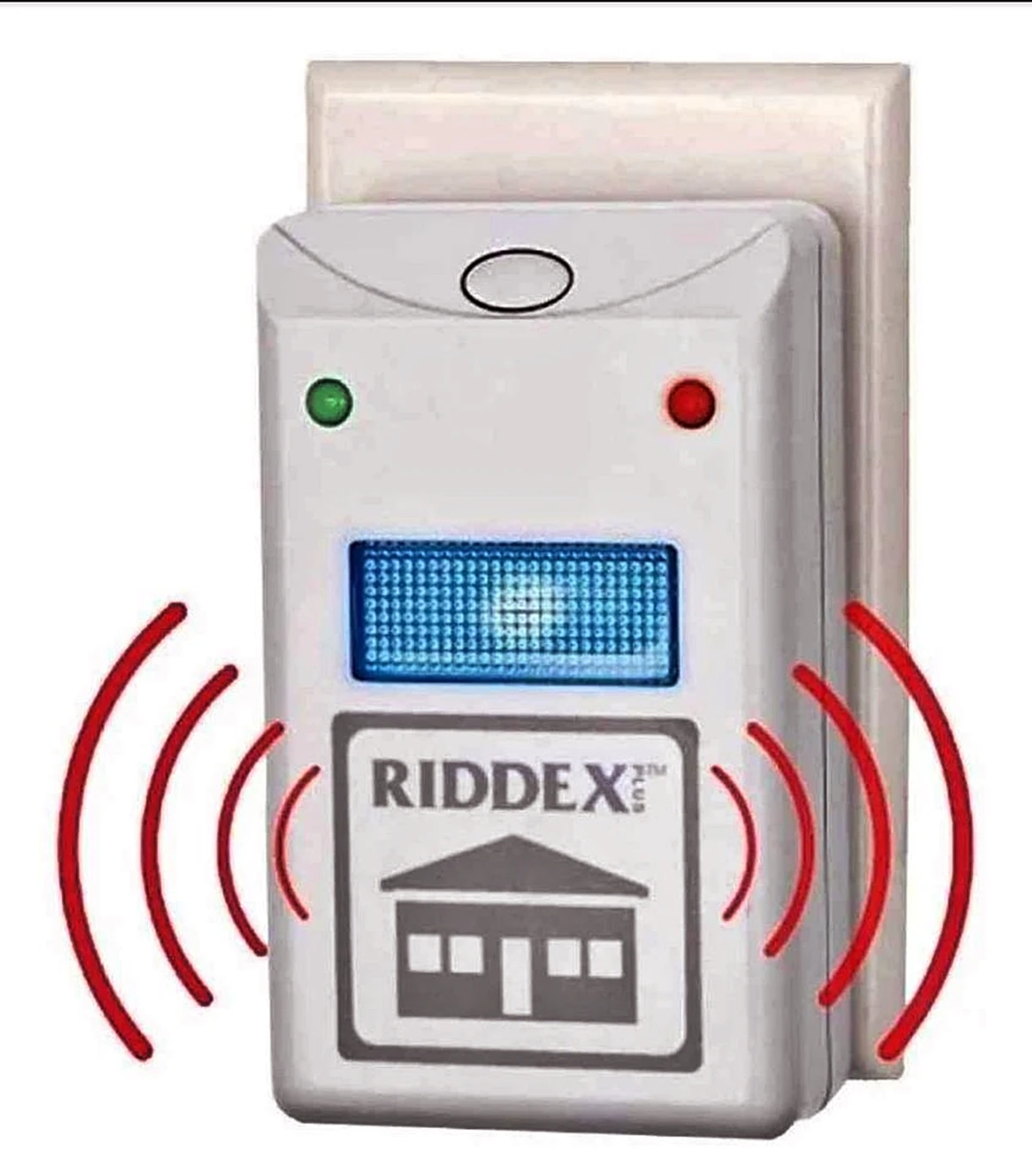 Repelente electrónico de plagas Riddex Plus blanco, se conecta a la pared, con pantalla azul y luces indicadoras verde y roja, emitiendo ondas.