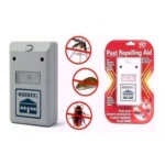 Repelente electrónico Riddex gris y su empaque de venta, mostrando que repele mosquitos, ratones y cucarachas.