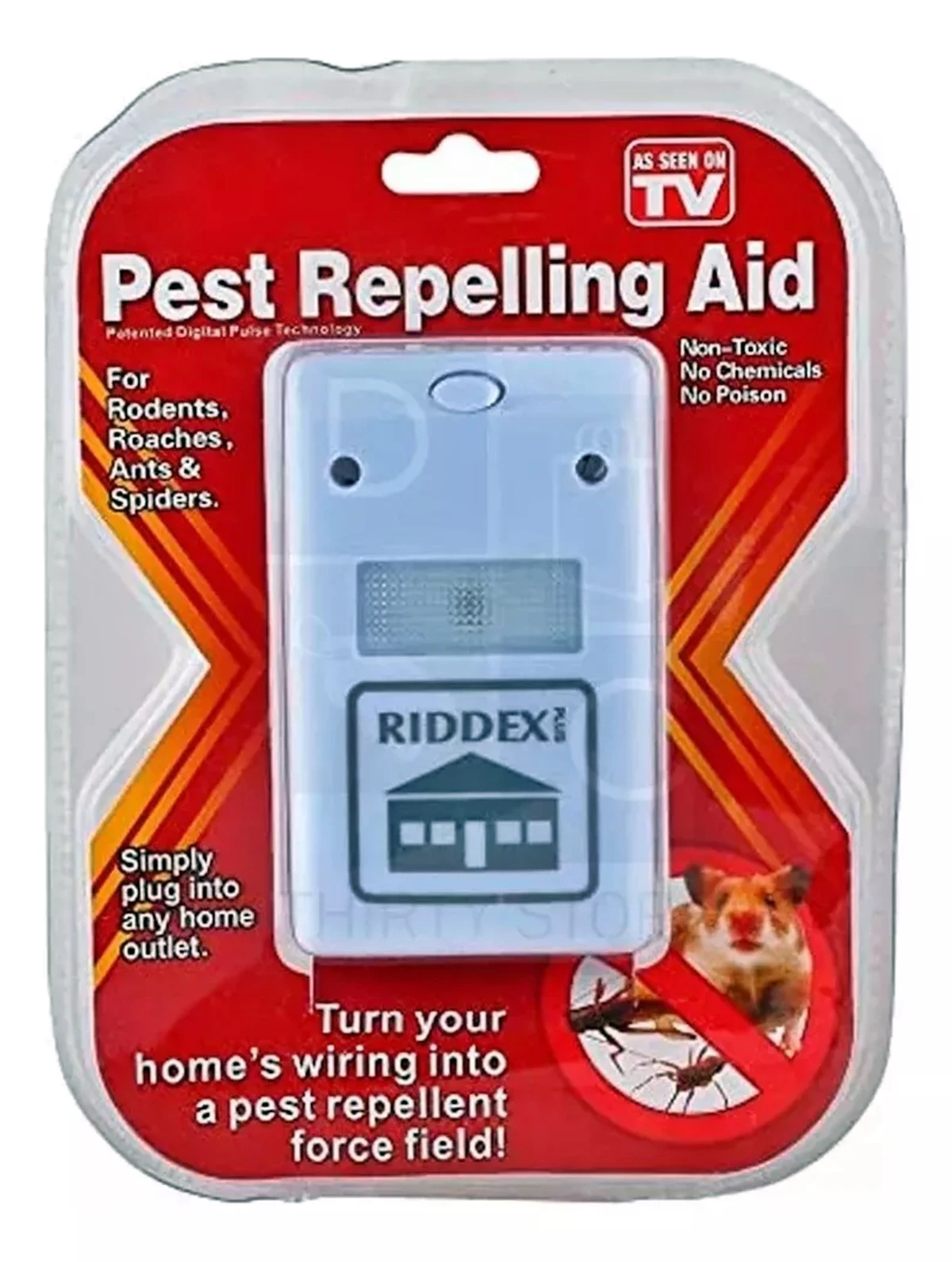 Dispositivo electrónico Riddex Plus repelente de plagas ultrasónico, blanco, empaque rojo, para roedores y bichos.