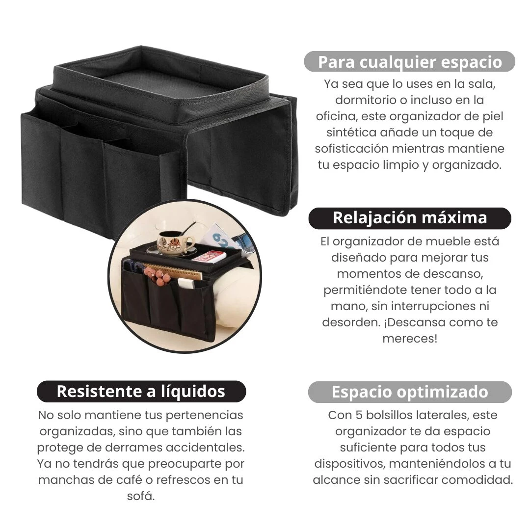 Organizador de reposabrazos negro para sofá con múltiples bolsillos y bandeja superior para bebidas y control remoto.