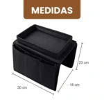 Organizador de reposabrazos negro con compartimentos y bandeja superior, medidas: 30x18x23 cm.