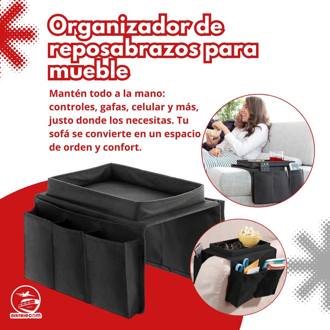 Organizador negro de tela para reposabrazos de sofá con múltiples compartimentos para controles, gafas y celular.